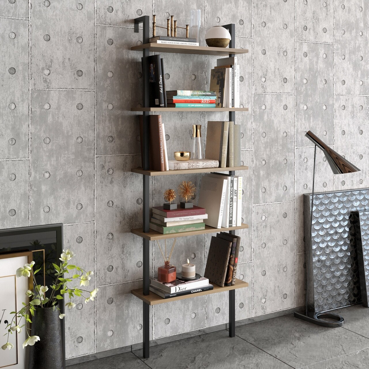 Biblioteca, Hadley, Piante 541HDL1310, 60 x 174 x 22 cm, pal melaminat, nuc/negru - imagine 6